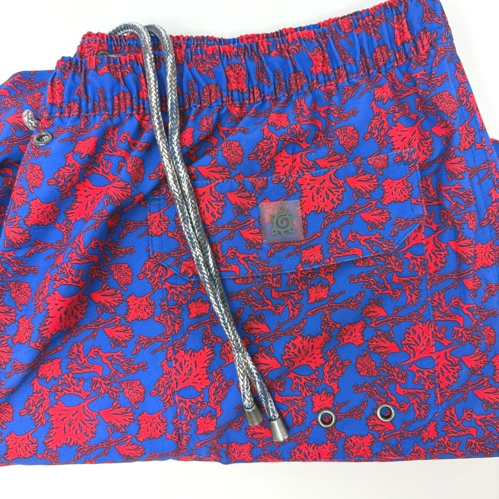 Turtleson Mens XL Blue Red Coral Print Swim Trunks Mesh Lined Board Shorts